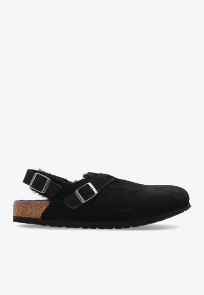Birkenstock Tokio Shearling Buckled Suede Clogs In Black