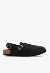 Birkenstock Buckle Cork Open Suede Mules In Black