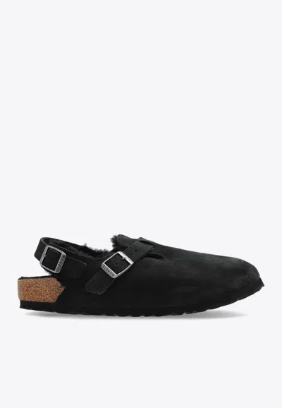 BIRKENSTOCK TOKIO SHEARLING BUCKLED SUEDE CLOGS