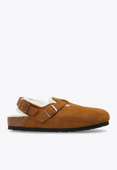 BIRKENSTOCK TOKIO SHEARLING BUCKLED SUEDE CLOGS