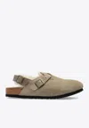 Birkenstock Tokio Shearling Buckled Suede Clogs In Taupe