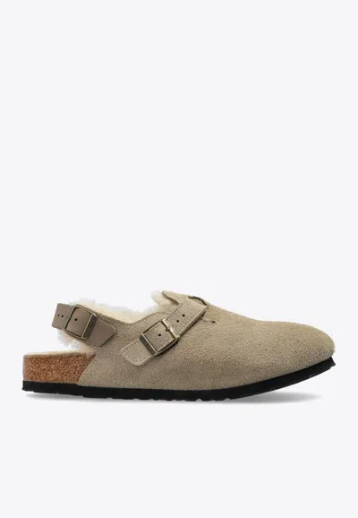 BIRKENSTOCK TOKIO SHEARLING BUCKLED SUEDE CLOGS
