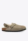 Birkenstock Tokio Shearling Buckled Suede Clogs In Neutral