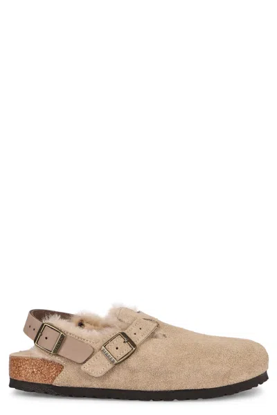 Birkenstock "tokio" Shearling Suede Leather Slippers In Neutral