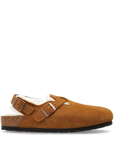 Birkenstock Tokio Shearling Suede Slippers In Brown