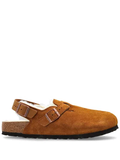 Birkenstock Tokio Shearling Buckled Suede Clogs In Buff