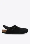 Birkenstock Buckle Cork Open Suede Mules In Black