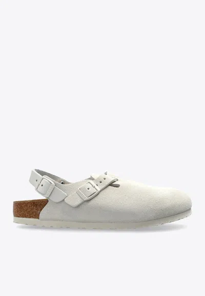 Birkenstock Tokio Suede Leather Clogs In Antique White