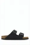 Birkenstock Two-strap Black Leather Slide Sandals In Black