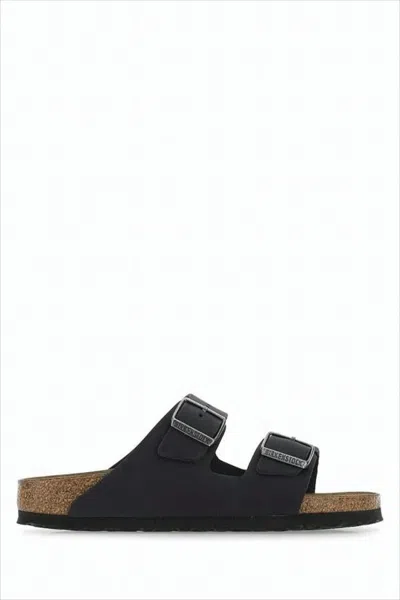 BIRKENSTOCK TWO-STRAP BLACK LEATHER SLIDE SANDALS
