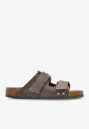Birkenstock Uji Double-strap Mixed Leather Slides In Brown