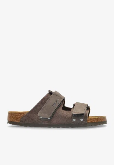 Birkenstock Uji Double-strap Mixed Leather Slides In Brown