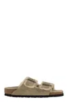 Birkenstock Arizona Suede Shearling Dual-buckle Slide Sandals In Grey