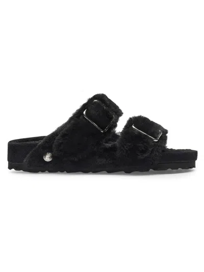 Birkenstock Black Shearling Sandals With Oversized Buckles
