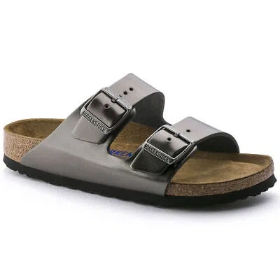 Pre-owned Birkenstock Women's Arizona Soft Footbed Metallic Anthracite Leather (regular Wi