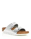 Birkenstock Arizona Double-buckle Metallic Slides In Silver Leather