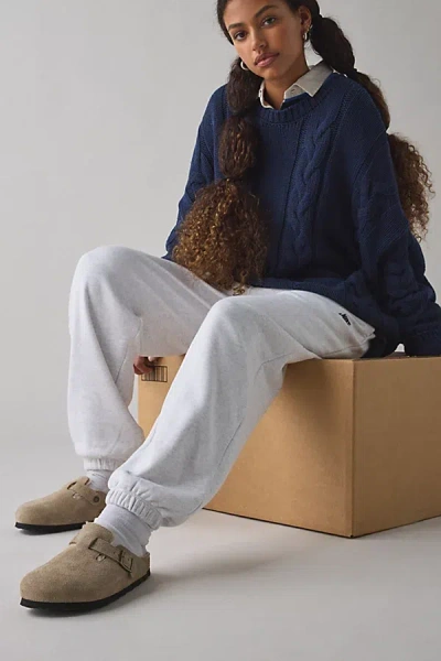 BIRKENSTOCK WOMEN'S BOSTON SHEARLING CLOG IN TAUPE SUEDE/SANDCASTLE AT URBAN OUTFITTERS