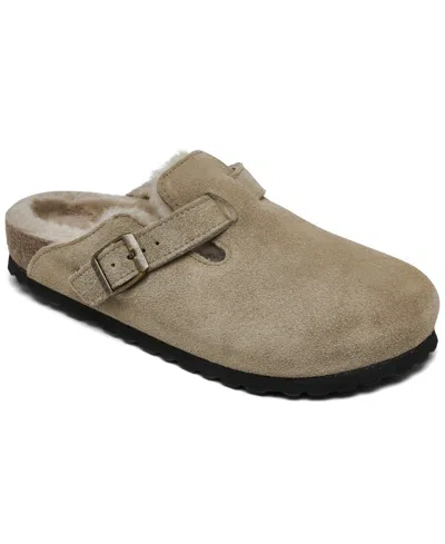 Birkenstock Women's Boston Shearling Suede Leather Clogs From Finish Line In Taupe