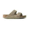Birkenstock Arizona Velour Leather Soft Bed Faded Khaki Narrow Width In Blue