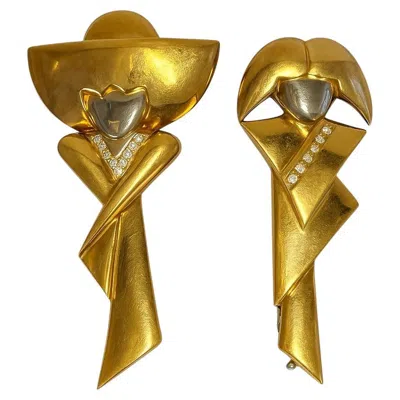 Pre-owned Birks Pair Of 14k Yellow Gold And Diamond Brooches Signed ""