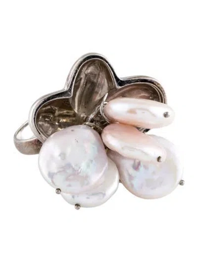 Pre-owned Birks Pearl Floral Cocktail Ring In White