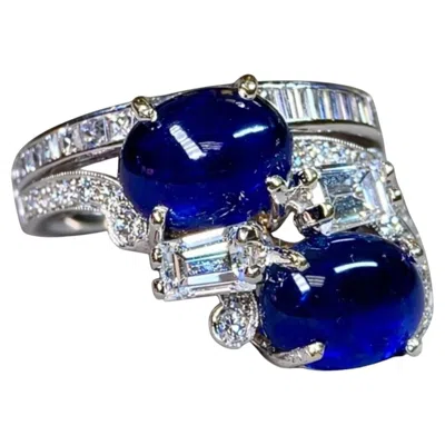 Pre-owned Birks Vintage 1950's  Platinum Cabochon Sapphire French Diamond Cocktail Ring In Blue