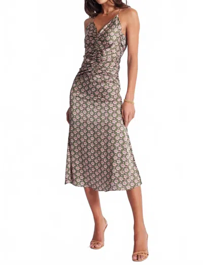 Bishop + Young Adria Ruched Front Midi Dress In Clover Print Multi In Neutral