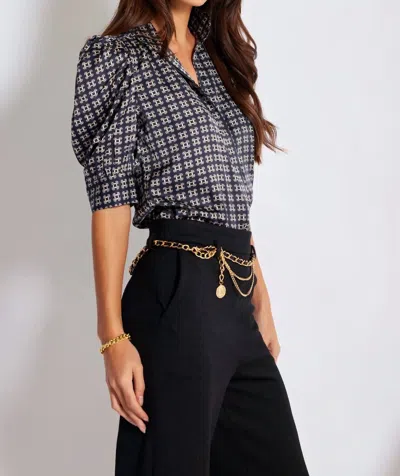 Bishop + Young Cate Ruched Sleeve Top In Navy Heritage Print In Multi