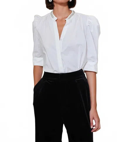 Bishop + Young Cate Ruched Sleeve Top In White Embellished
