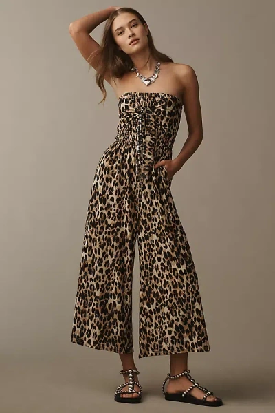 Bishop + Young Elva Strapless Tie-front Leopard Jumpsuit In Beige