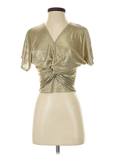Pre-owned Bishop + Young Short Sleeve Top Gold Metallic Pattern Plunge Neckline Tops