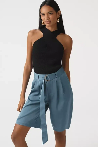 Bishop + Young Silky Pleated Bermuda Shorts In Blue