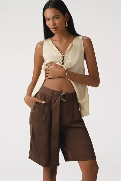 Bishop + Young Silky Pleated Bermuda Shorts In Brown