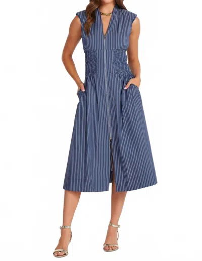 Bishop + Young Skye Zip Front Dress In Indigo Stripe In Blue