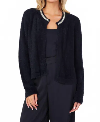 Bishop + Young Sofia Cardigan With Rhinestone Collar In Black In Blue