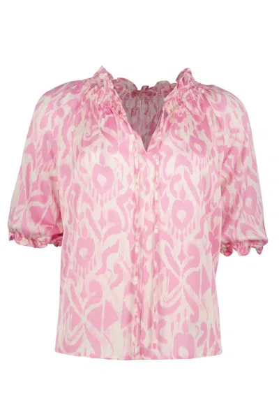 Bishop + Young Women's Smock Neck Top In Palmilla Pink Print