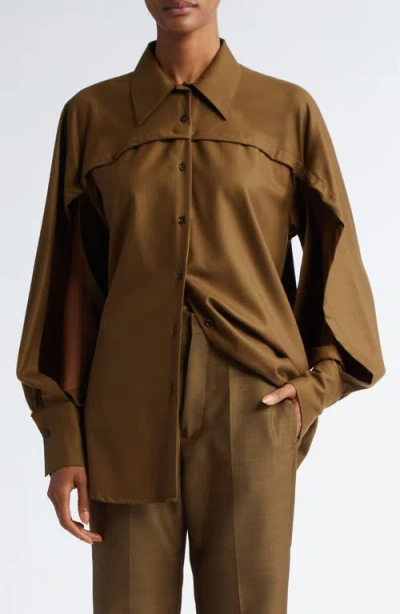 Bite Studios Lucio Split Sleeve Wool Flannel Button-up Shirt In Moss