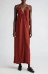 Bite Studios Theros Ruched Deep V-neck Dress In Terra