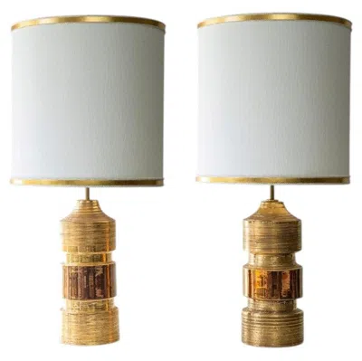 Pre-owned Bitossi 1 Of The 2  Gold Ceramic Lamps, Custom White Gold Lampshades By R. Houben