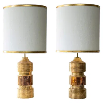Pre-owned Bitossi 1 Of The 2  Gold Ceramic Lamps, Custom White Gold Lampshades By R. Houben