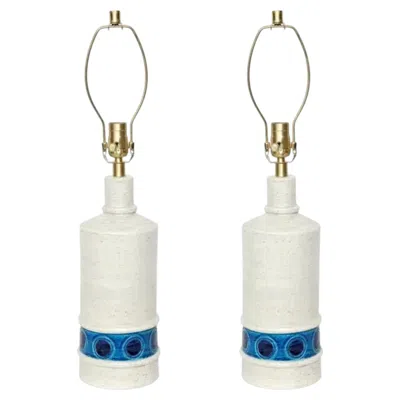 Pre-owned Bitossi 1960s  Ceramic Table Lamps, Bone White With Azure Band