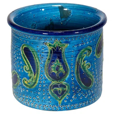 Pre-owned Bitossi Aldo Londi For  Majolica Cylinder Vase Blue Prezzemolo Decor