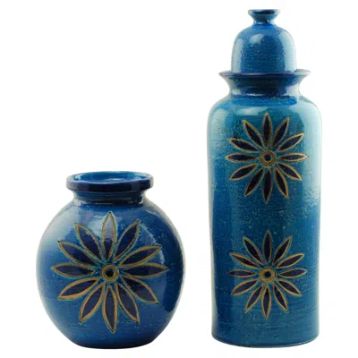 Pre-owned Bitossi Aldo Londi For  Rimini Blu Vase And Lidded Jar With Floral Decoration In Blue