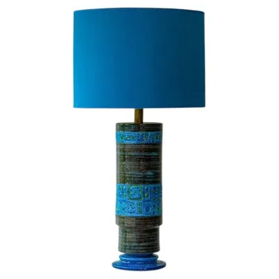 Pre-owned Bitossi Aqua Black Blue Ceramic Table Lamp, Blue Silk Lampshade By R. Houben