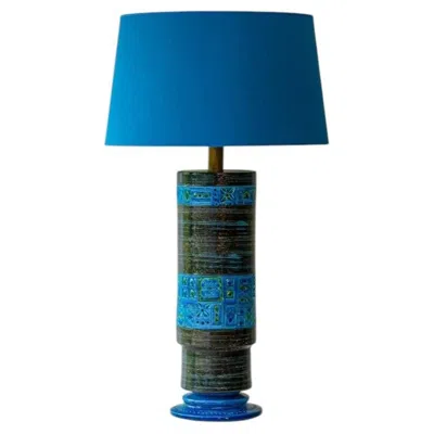 Pre-owned Bitossi Aqua Blue Black Ceramic Table Lamp, Blue Silk Lampshade By R. Houben