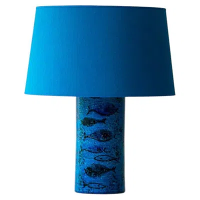 Pre-owned Bitossi Aqua Ceramic Table Lamp, Blue Silk Lampshade By R. Houben
