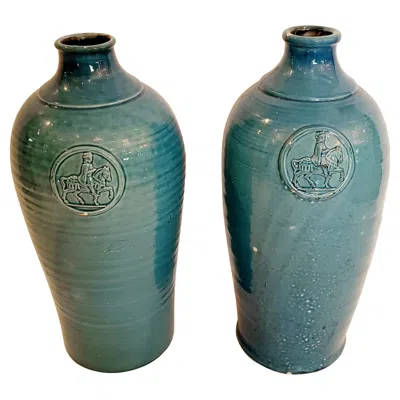 Pre-owned Bitossi Beautiful Pair Of Turquoise Italian Ceramic Vases In Transparent