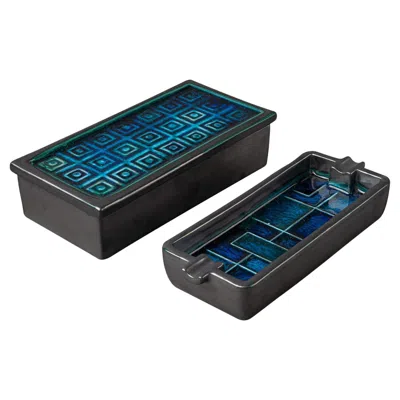 Pre-owned Bitossi Black And Blue Set Box And Ashtray By Aldo Londi