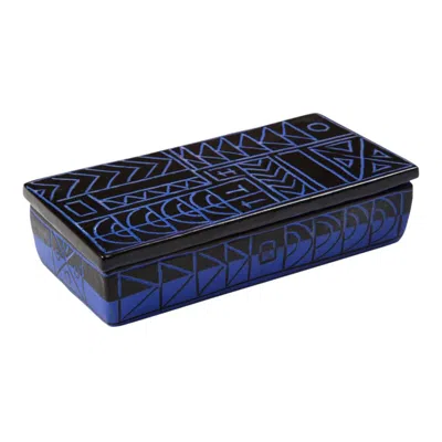 Pre-owned Bitossi Box, Ceramic, Sgraffito, Blue, Black, Abstract, Geometric, Signed