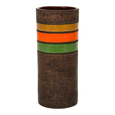 Pre-owned Bitossi Ceramic Vase, Brown, Yellow, Orange, Green, Stripes Italy, 1960s